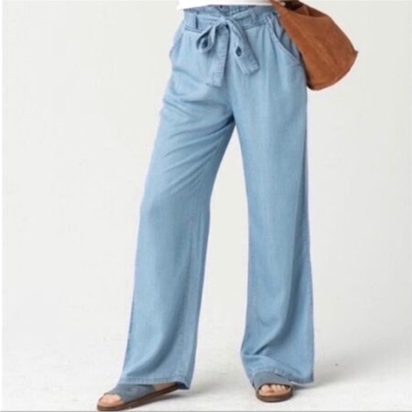 THREAD & SUPPLY Paper Bag Belt Waist Wide Leg Slouch Beach Demin Chambray pant S - Picture 1 of 16